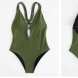 🌞 Deep Plunge Olive Green One Piece